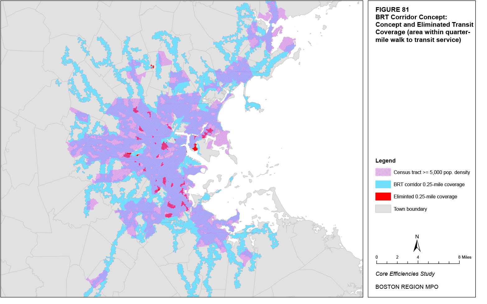 This map shows the quarter-mile coverage of the BRT corridor concept and the eliminated coverage compared to the existing transit network.